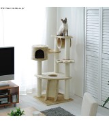 Beige Cat Tower with Scratching Posts and Cubby Hole